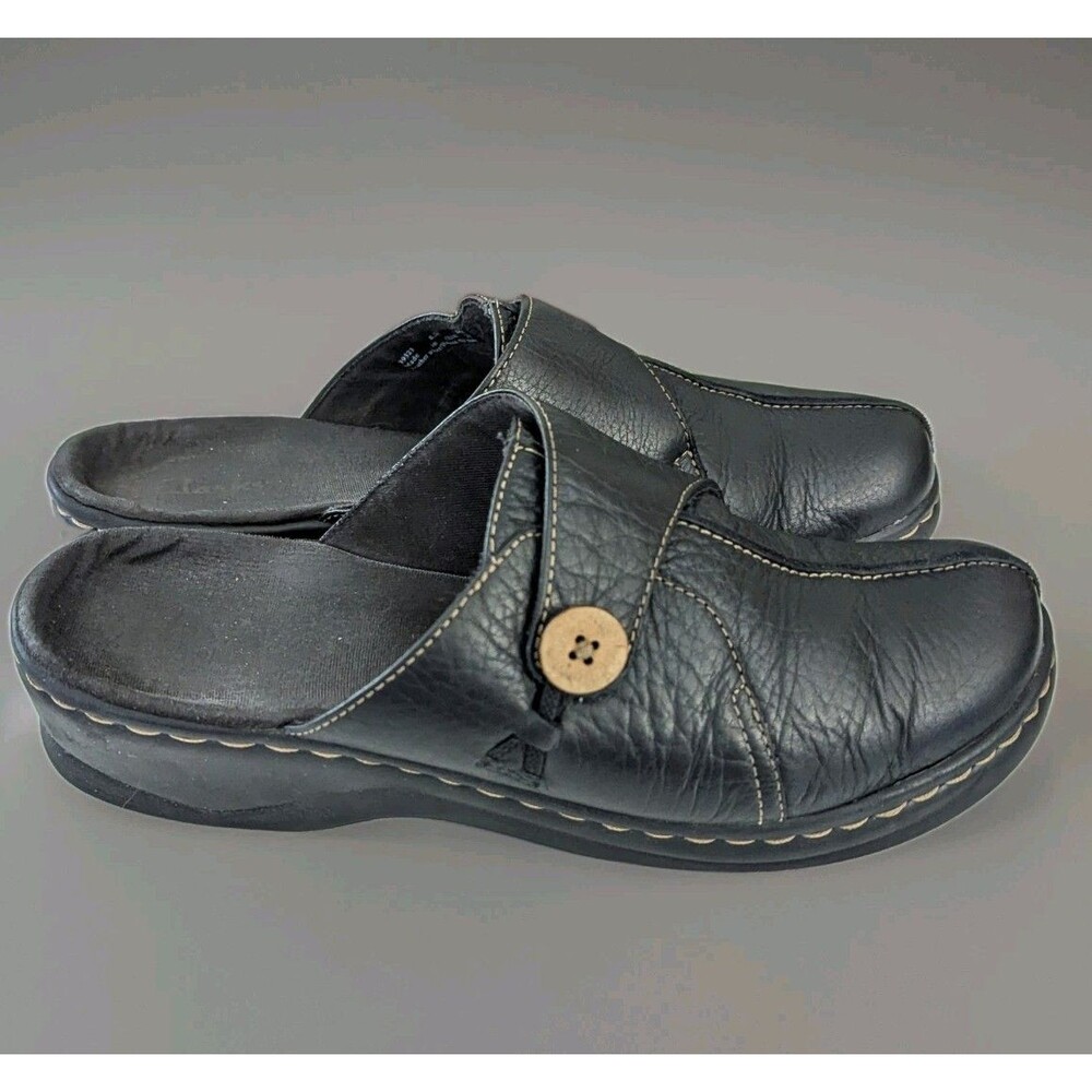 Clarks Bendables Womens Clogs Shoes Leather Slip On Mules Comfort 8.5M Black